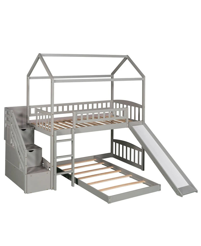 Simplie Fun Twin Over Twin Bunk Bed With Two Drawers And Slide, House Bed With Slide