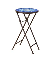 Blue & White Folding Patio Accent Table with Glass Top