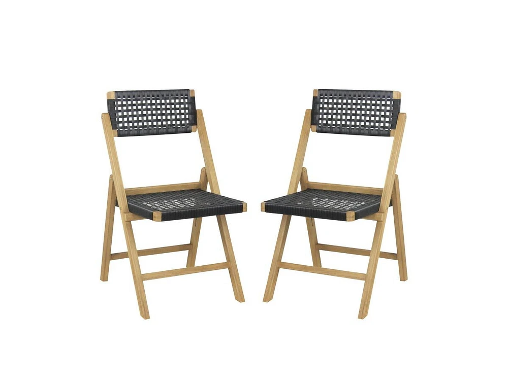 Slickblue Set of 2 Folding Chairs Indonesia Teak Wood Dining Chairs with Woven Rope Seat and Back