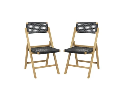 Slickblue Set of 2 Folding Chairs Indonesia Teak Wood Dining Chairs with Woven Rope Seat and Back