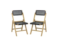 Slickblue Set of 2 Folding Chairs Indonesia Teak Wood Dining Chairs with Woven Rope Seat and Back