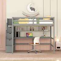 Full Size Loft Bed With Desk, Storage Shelves And Staircase, Grey