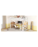 Streamdale Furniture Full Size Metal Loft Bed With Desk, Storage Staircase And Small Wardrobe, Storage Stairs