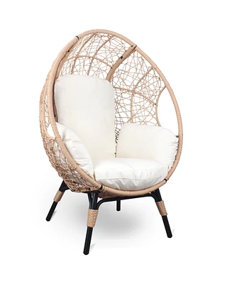 Simplie Fun 2 Pieces Patio Pe Wicker Egg Chairs Model 3 with Natural Color Rattan Beige Cushion