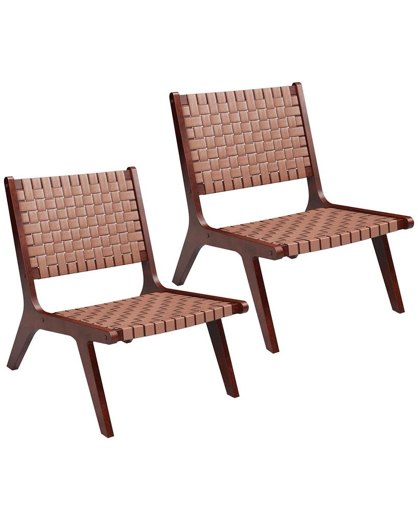 Slickblue Set of 2 Woven Leather Accent Chairs with Wood Frame-Set of 2