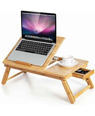 Gymax Bamboo Laptop Desk Adjustable Folding Bed Tray w/Drawer Heat Dissipation