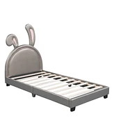 Simplie Fun Twin Size Upholstered Leather Platform Bed With Rabbit Ornament