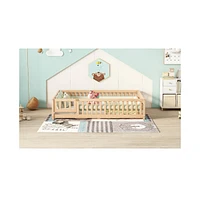 Full Size Bed Floor Bed with Safety Guardrails and Door for Kids, Natural