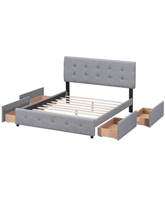 Simplie Fun Upholstered Platform Bed With Classic Headboard And 4 Drawers, No Box Spring Needed, Linen