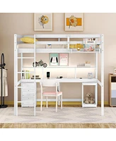 Streamdale Furniture Full Size Loft Bed With Multi-Storage Desk, Led Light And Bedside Tray, Charging Station