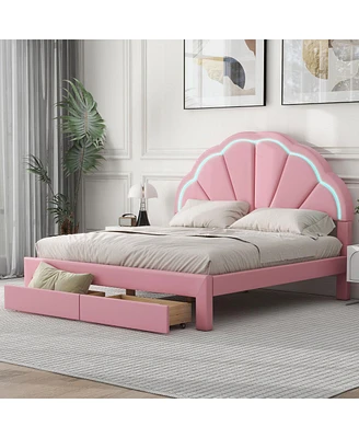 Simplie Fun Queen Size Upholstered Platform Bed With Seashell Shaped Headboard, Led And 2 Drawers