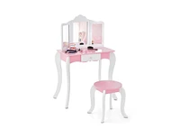 Slickblue Kid's Wooden Vanity Table and Stool Set with 3-Panel Acrylic Mirror-White