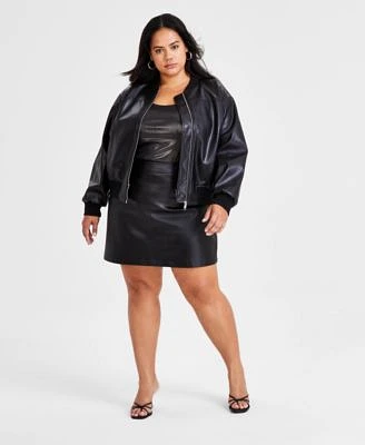 Bar Iii Trendy Plus Size Faux Leather Bomber Jacket Shiny Mesh Scoop Neck Top Faux Leather Mini Skirt Created For Macys