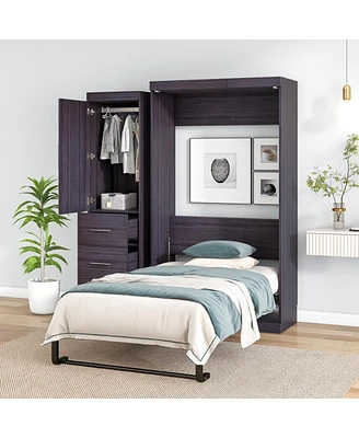 Simplie Fun Twin Size Murphy Bed With Wardrobe And Drawers, Storage Bed, Can Be Folded Into A Cabinet