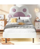 Simplie Fun Twin Size Upholstered Platform Bed with Animal Paw Shaped Headboard and Led, Pink