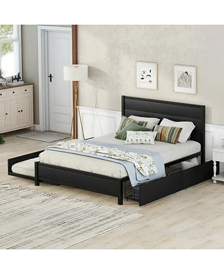 Simplie Fun Metal Queen Size Storage Platform Bed With Twin Size Trundle And 2 Drawers