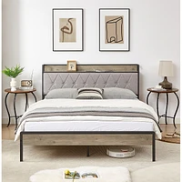 Bed Frame With Charging Station Queen Size, Grey, 87.8" L X 61.8" W X 39.2" H