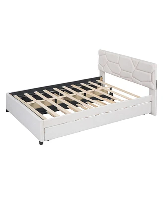 Simplie Fun Queen Size Upholstered Platform Bed With Brick Pattern Headboard, With Twin Xl Size Trundle