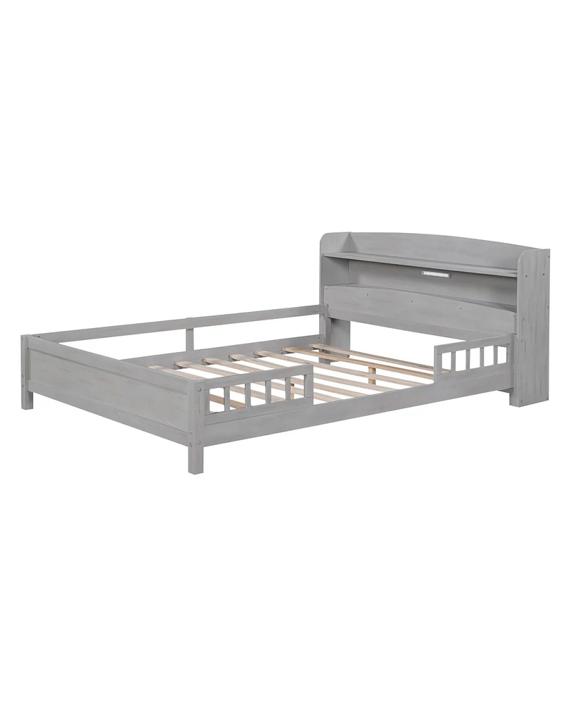 Simplie Fun Wood Full Size Platform Bed With Built-In Led Light, Storage Headboard And Guardrail