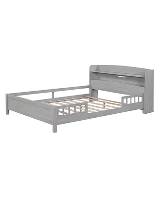 Simplie Fun Wood Full Size Platform Bed With Built-In Led Light, Storage Headboard And Guardrail