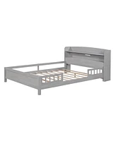 Simplie Fun Wood Full Size Platform Bed With Built-In Led Light, Storage Headboard And Guardrail