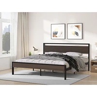 Simplie Fun Ceres Metal Bed, Black with Walnut wood Headboard&Footboard, King