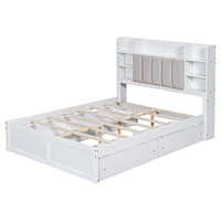 Full Size Bed Frame with Storage and Shelves, White