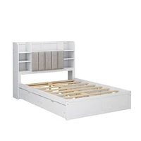 Full Size Bed Frame with Storage and Shelves, White