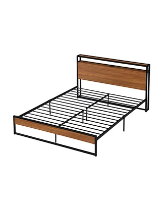 Simplie Fun Queen Size Metal Platform Bed Frame With Sockets, Usb Ports And Slat Support, No Box Spring