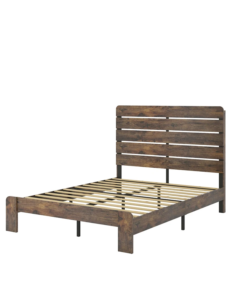 Simplie Fun Queen Size Wood Platform Bed Frame with Storage in Dark Brown