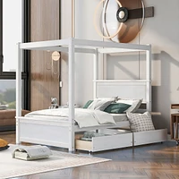 Full Size Wood Canopy Bed with Drawers & Platform
