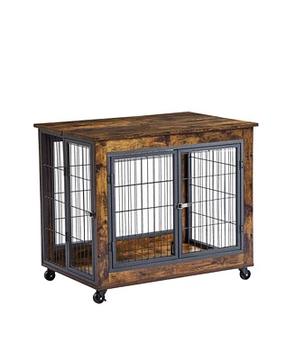 Simplie Fun Grey Dog Crate Side Table on Wheels with Double Doors & Lift Top, 31.50"W x 22.05"D x 25"H