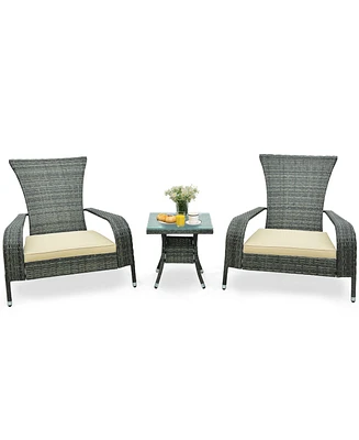 Slickblue 3-Piece Wicker Adirondack Set with Comfy Seat Cushions-Grey