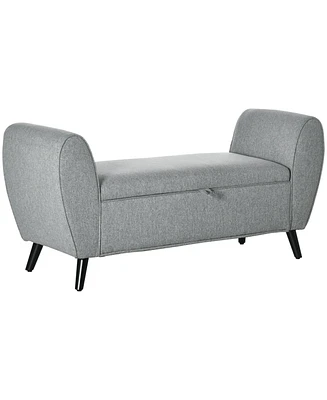 Homcom Modern Upholstered Storage Bench with Arms, Linen-Feel Fabric Ottoman Bench for Bedroom, Entryway, and Living Room, Light Grey