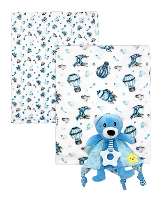 Tendertyme Baby Boys and Girls 3 Piece Fleece Blanket Taggy Toy Gift Assortment