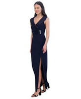 Jessica Howard Petite Collared Side-Slit Long Gown