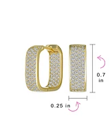 Bling Jewelry Micro Pave Cz Inside Out Wide Rectangle Square Huggie Hoop Earrings For Women Prom Formal Party Yellow Gold Plated Hinge Style