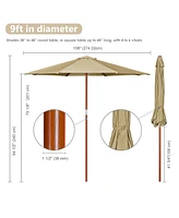 9ft Market Patio Wooden Umbrella Pulley Control Outdoor Yard Beach Bar Garden