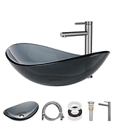 Aquaterior Oval Tempered Glass Vessel Sink w/ Bathroom Single-Hole Faucet Drain