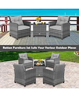 3 Pieces Outdoor Wicker Conversation Set with Tempered Glass Tabletop-Gray