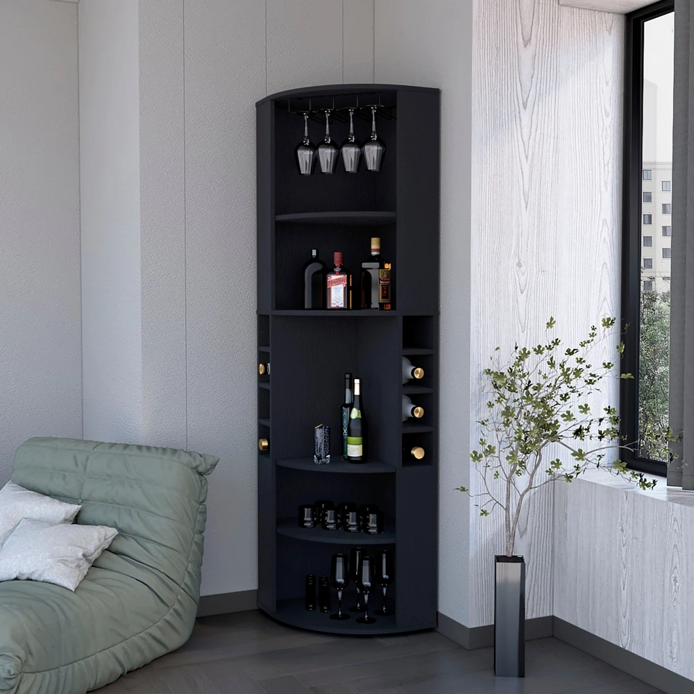 Fm Furniture Clifton Corner Bar Cabinet, with 5 shelves, Cup Hanger and Eight Built-in Wine Rack