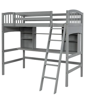 Simplie Fun Twin Size Loft Bed With Storage Shelves, Desk And Ladder