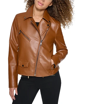 Karl Lagerfeld Petite Faux-Leather Asymmetric Moto Coat, Created for Macy's