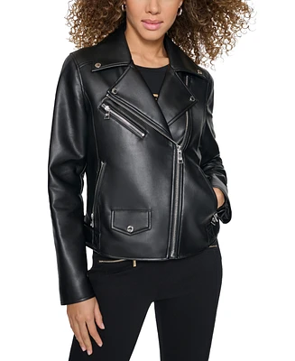 Karl Lagerfeld Petite Faux-Leather Asymmetric Moto Coat, Created for Macy's