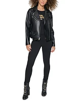 Karl Lagerfeld Petite Faux-Leather Asymmetric Moto Coat, Created for Macy's