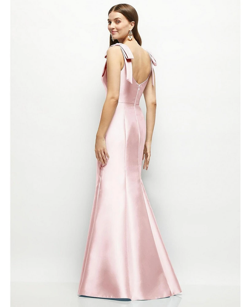 Alfred Sung Women's Satin Fit and Flare Maxi Dress with Shoulder Bows