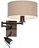 Radix Modern Swing Arm Adjustable Wall Lamp With Cord Led Bronze Plug-In Light Fixture Oatmeal Fabric Drum Shade Bedroom Bedside House Reading Living