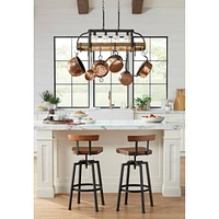 Franklin Iron Works Eldrige Bronze Wood Finish Pot Rack Linear Pendant Chandelier Lighting 36 1/2" Wide Rustic Farmhouse Clear Seed Glass 4-Light Fixt