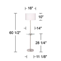 Caper Modern Floor Lamp with Tray Usb and Ac Power Outlet on Table Glass 60.5" Tall Satin Nickel White Fabric Drum Shade for Living Room Reading House