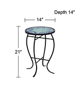 Ocean Wave Modern Industrial Black Iron Metal Round Outdoor Accent Side Table 14" Wide Light Green Mosaic Tile Tabletop Gracefully Curved Legs for Por